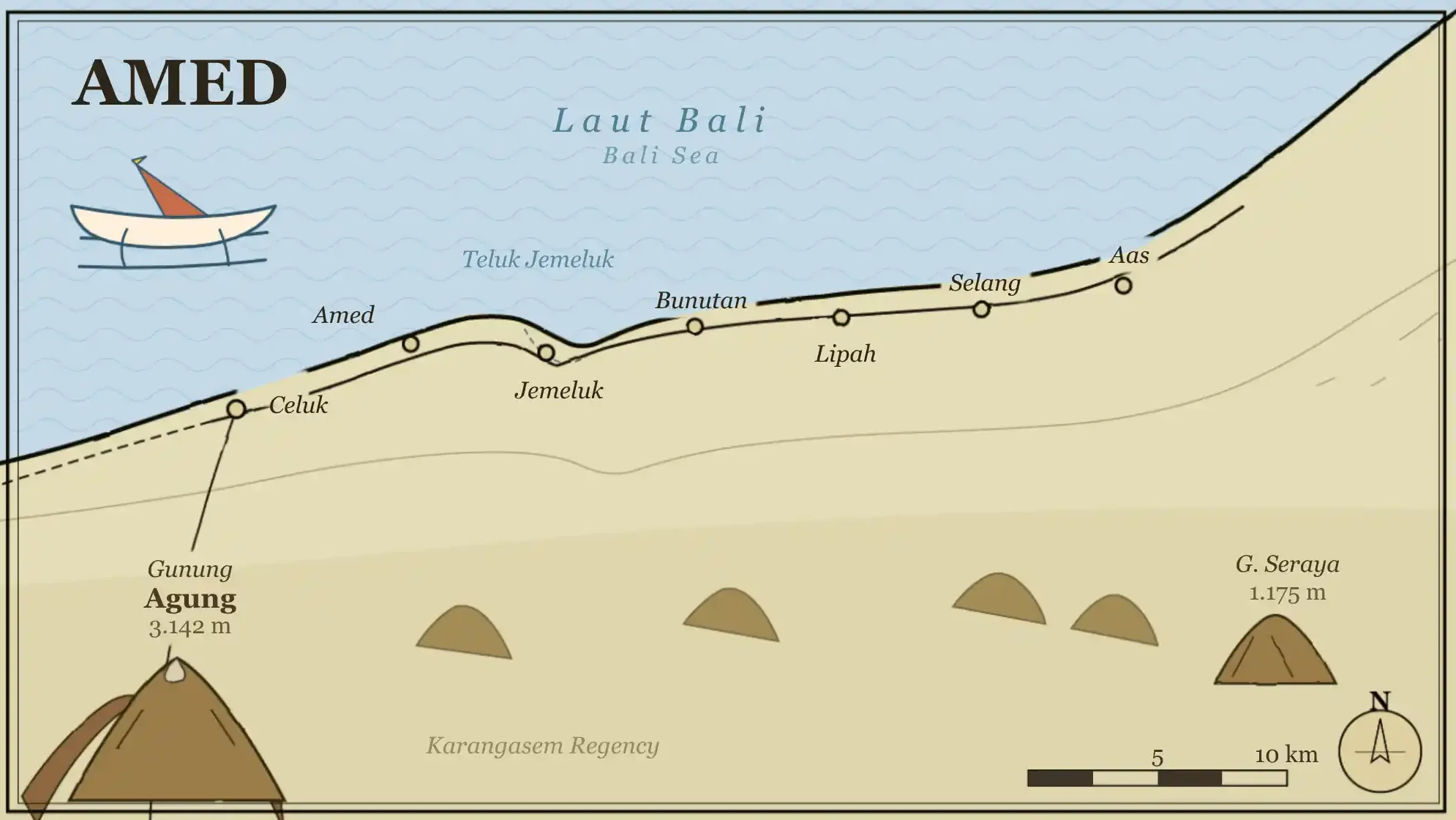 Illustrated map of the Amed coast — nine villages from Amed Bay to Tulamben, Bali