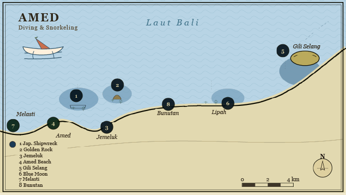 Map of the best snorkeling spots in Amed, Bali — Japanese Shipwreck, Jemeluk Bay, Lipah, Amed Beach Turtle Point and Selang